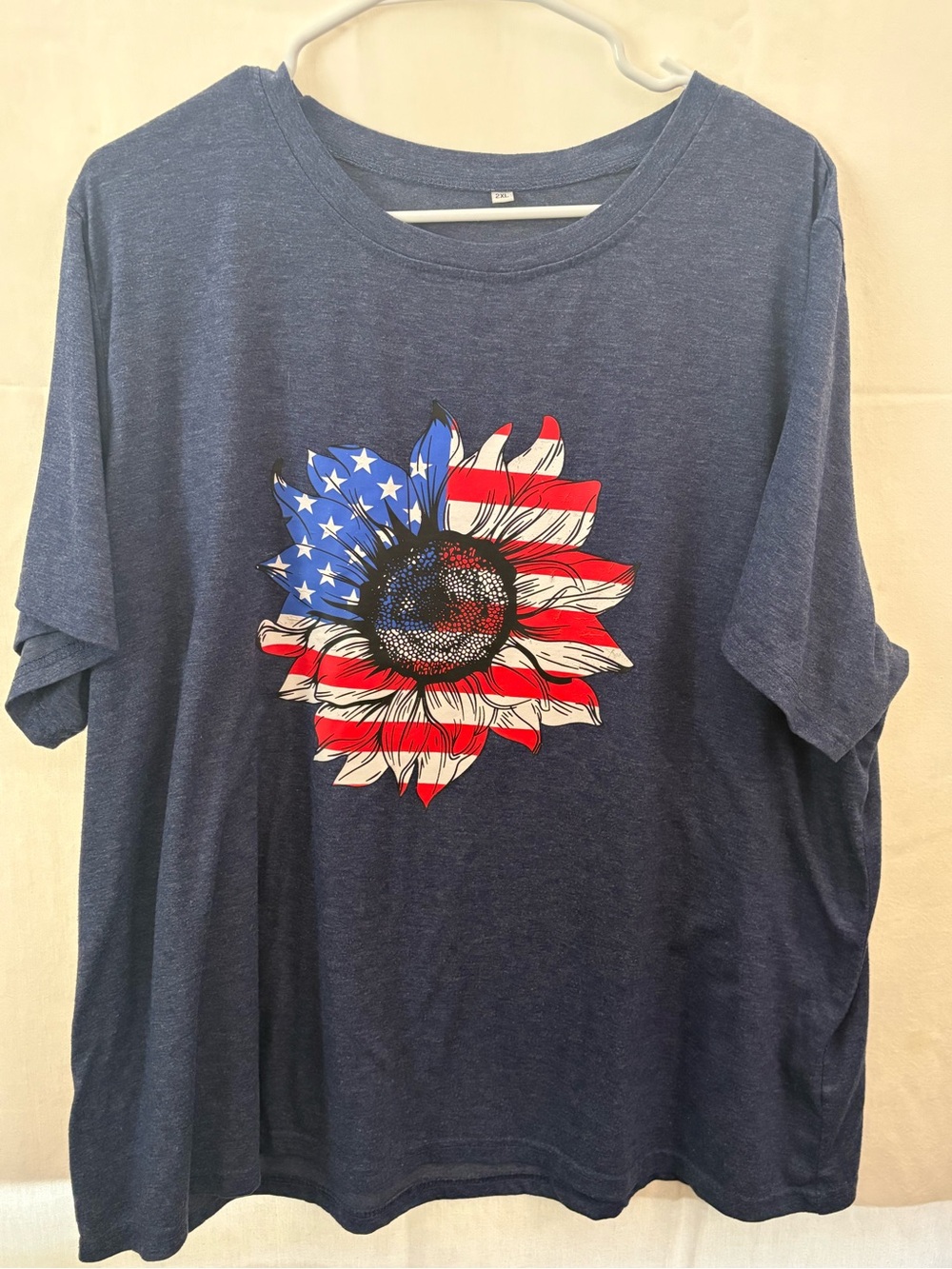 Women's Navy Short Sleeve Tee with American Flag Sunflower Graphic